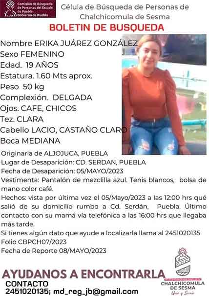 Erika desapareció en Aljojuca desde el 5 de Mayo