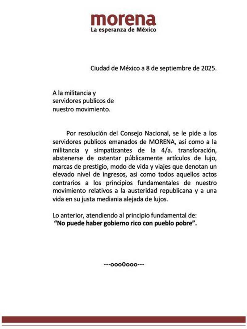 Morena refuerza su llamado a la austeridad rumbo a las elecciones de 2027
