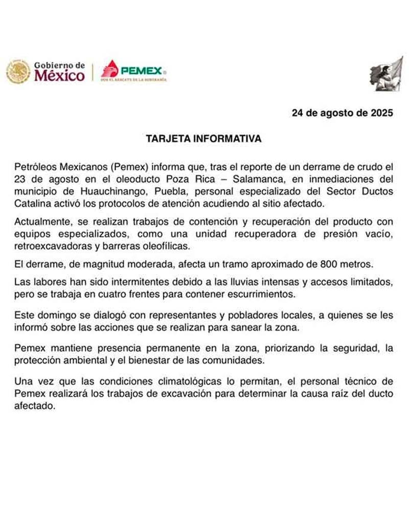 Pemex activó protocolo en Cuaxicala, Huauchinango, para contener derrame