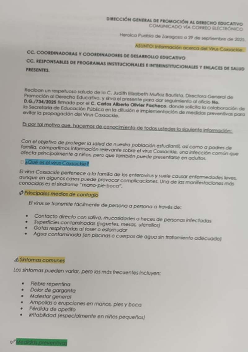 Escuelas de Chalchicomula y Tlachichuca registran contagios de virus Coxsackie, confirma SEP Puebla