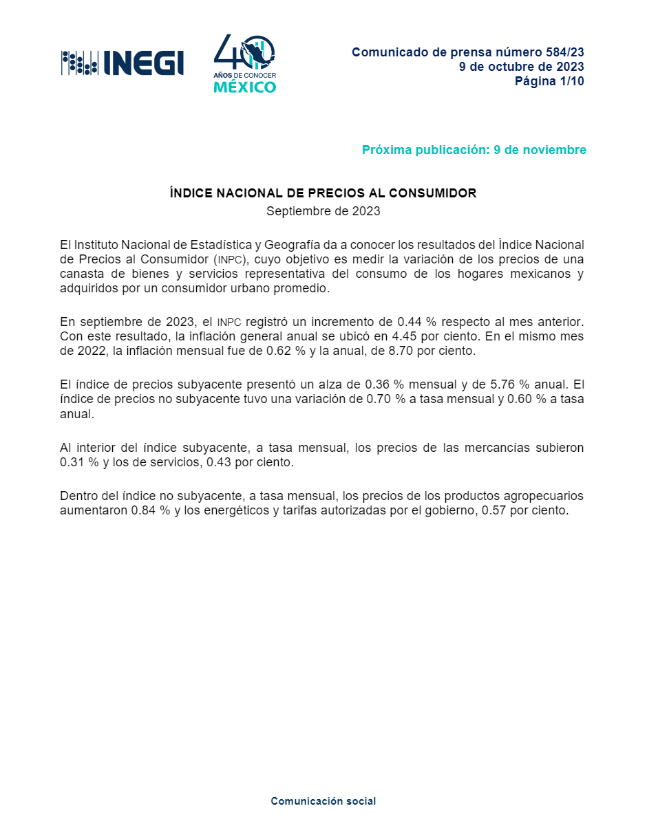Inflación en México se mantiene a la baja y cede a 4.45% en septiembre