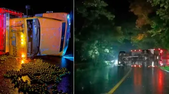 Camión cargado con naranja volcó en carrera de Jalpan