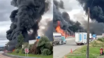 Pipa se incendia tras choque en autopista México-Puebla; conductor gravemente lesionado